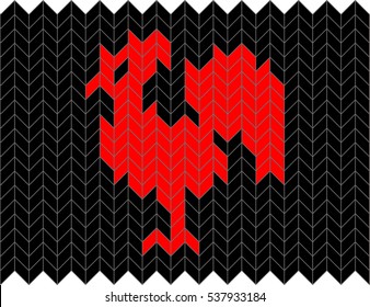Knitted pattern red rooster - colored vector illustration
