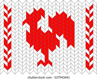 Knitted pattern red rooster - colored vector illustration