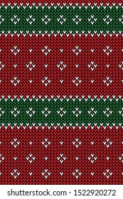 Knitted pattern in red and white with decorative horizontal stripes. Christmas and New Year holiday knit texture for winter scarf, hat, top, socks, or other festive textile design.