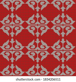 Knitted pattern, red and white. Ethnic, oriental pattern.