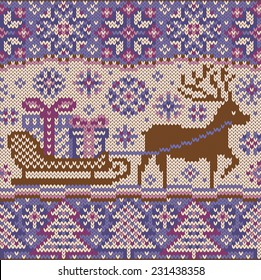 Knitted pattern with reindeer and sleigh with gifts. New year northern style. Beautiful Christmas seamless border. Creative vector illustration.  