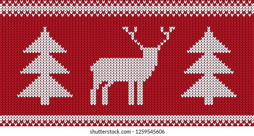 Knitted Pattern - Retro Christmas Jumper Design With Reindeer And Tree - Red And White Vector Illustration
