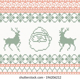 Patrón de punto con santa claus e ilustración vectorial de ciervo. Concepto navideño para banner, pancarta, cartel o sitio web. Tarjeta de felicitación y fondo retro de Año Nuevo. Imagen de invitación.