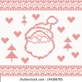 Knitted pattern with santa claus. Vector illustration. Christmas concept for banner, placard, billboard or web site. New Year retro greeting card and background. Image for invitation