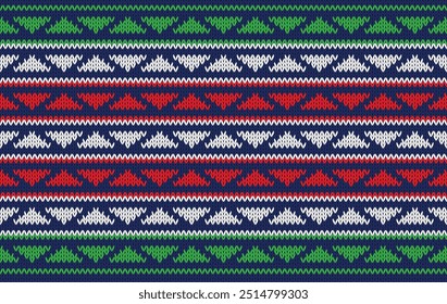 Patrón de punto Navidades de tela étnica sin costuras tema de color en verde. patrón de triángulo de patrón de punto tradicional. Diseñado para el patrón de punto, fondo, Fondo de pantalla, bordado, textil, tela