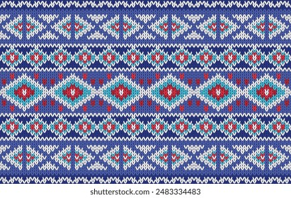Patrón de punto de tela sin costuras tono de color azul. patrón de punto tradicional Vector estilo étnico. Diseñado para el fondo, Fondo de pantalla, alfombra, ropa, patrón de punto, tela, pixel art, textil