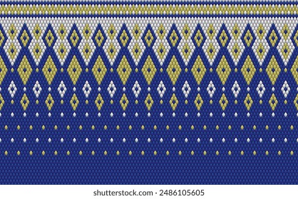 Strickmuster Nahtloser Stoff Blau Farbton. Traditionelle Strickmuster Vektorgrafik Ethno Stil. Entworfen für Hintergrund, Bildschirmhintergrund, Teppich, Kleidung, Strickmuster, Stoff, Pixelkunst, Textil