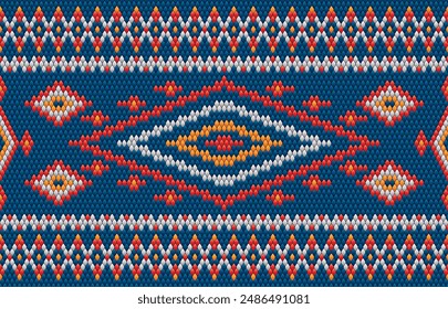 Patrón de punto de tela sin costuras tono de color azul. patrón de punto tradicional Vector estilo étnico. Diseñado para el fondo, Fondo de pantalla, alfombra, ropa, patrón de punto, tela, pixel art, textil