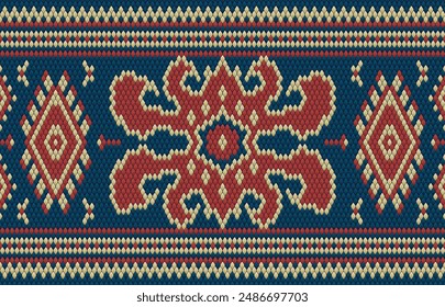 Knitted pattern seamless fabric blue color tone. traditional knitted pattern vector ethnic style. Designed for background ,wallpaper ,carpet ,clothing ,knitted pattern ,fabric ,pixel art ,textile