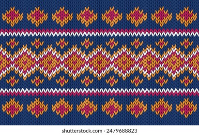 Knitted pattern seamless fabric blue-red color tone. traditional knitted pattern vector ethnic style. Designed for background ,wallpaper ,carpet ,clothing ,knitted pattern ,fabric ,embroidery ,textile