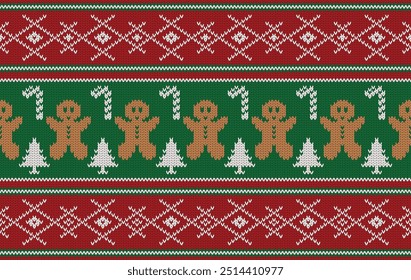 Patrón de punto de tela sin costuras decoración de Navidad. Vector de Navidades de patrón de punto tradicional. Diseñado para el patrón de punto, tela, fondo, Fondo de pantalla, ropa, bordado, alfombra, textil