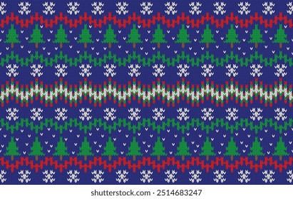 Knitted pattern seamless fabric Christmas on blue. traditional knitted pattern Christmas winter concept. Designed for Christmas ,background ,wallpaper ,knitted pattern ,fabric ,embroidery ,textile