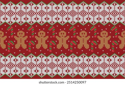 Knitted pattern seamless fabric gingerbread and snow. traditional knitted pattern Christmas cookies vector. Designed for background ,wallpaper ,clothing ,knitted pattern ,fabric ,embroidery ,textile