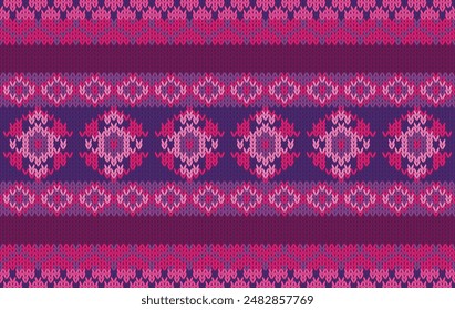 Patrón de punto de tela sin costuras de color púrpura. patrón de punto tradicional de estilo étnico Vector. Diseñado para el fondo, Fondo de pantalla, alfombra, ropa, patrón de punto, tela, pixel art, textil