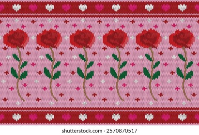 Knitted pattern seamless fabric Valentine day. traditional knitted pattern vector red roses. Designed for valentine ,background ,wallpaper ,clothing ,knitted pattern ,fabric ,embroidery ,textile