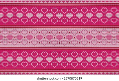 Knitted pattern seamless fabric Valentine day. traditional knitted pattern vector pink heart. Designed for valentine ,background ,wallpaper ,clothing ,knitted pattern ,fabric ,embroidery ,textile