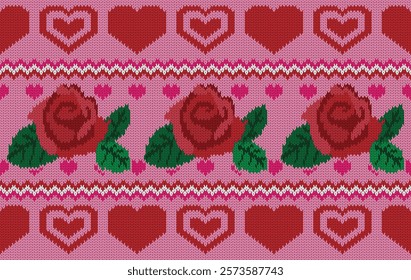 Knitted pattern seamless fabric Valentine day. traditional knitted pattern vector roses style. Designed for background ,wallpaper ,valentine ,clothing ,knitted pattern ,fabric ,embroidery ,textile