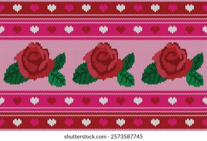 Knitted pattern seamless fabric Valentine day. traditional knitted pattern vector roses and heart. Designed for background ,wallpaper ,valentine ,clothing ,knitted pattern ,fabric ,embroidery ,textile