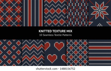 Knitted pattern set. Seamless winter knit texture mix in dark blue, bright red, and white for Christmas holiday hat, socks, sweater, dress, top, cardigan, or other modern winter textile design.