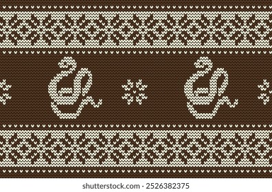 Knitted Pattern with Snakes. Seamless Border. Ornament in Brown and White colors. Background to the New Year 2025. Year of the Wooden Snake. Vector illustration