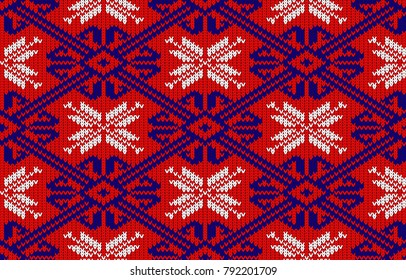 Knitted pattern with snowflakes in National colors of Norway. Woolen seamless knitted pattern