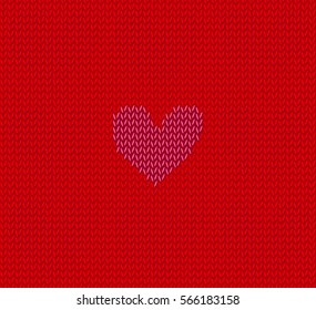 Knitted pattern of valentine heart. Love symbol. Red heart background. Can be used for Valentines day. Vector illustration