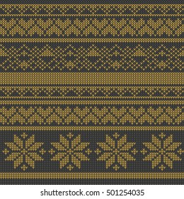 Knitted pattern vector. Black gold holiday background with snowflake, hearts and decorative elements. Swedish or Norwegian ornament craft.