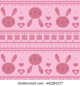 Knitted pattern vector with hearts and rabbit