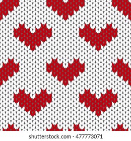 Knitted pattern vector with hearts, red thread.