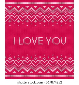 Knitted pattern. Vector knitting texture with text I love you. Seamless Valentine's Day pink background with hearts. Flat design.