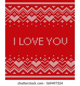 Knitted pattern. Vector knitting texture with text I love you. Seamless Valentine Day red background with hearts. Flat design.