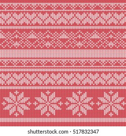 Knitted pattern vector. Red white holiday background with snowflake, hearts and decorative elements. Swedish or Norwegian ornament craft.