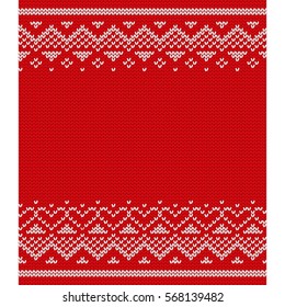 Knitted pattern. Vector Valentine's Day knitting texture with place for text. Seamless red background with hearts. Flat design.