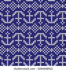 Knitted pattern of white anchors on a blue background. The concept of love for a marine object. Handmade ornament. Seamless pattern. Vector illustration.