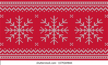 Patrón de punto con copo de nieve blanco y borde ornamental sobre fondo rojo. El adorno del jersey de Navidad. Ilustración vectorial.