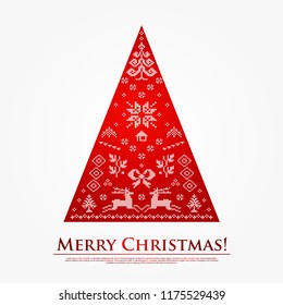 Knitted patterned ornaments in Scandinavian style in the form of a Christmas tree. Stylish minimalistic Christmas greeting card for the new year and Xmas.