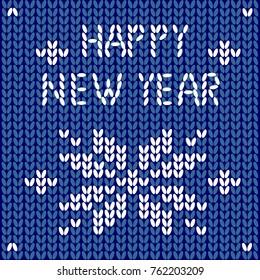 Knitted pattern.Happy new year. Knitted woolen background. Blue background. Winter knit . Snowflake. Vector.