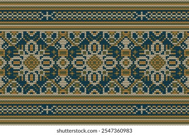 Knitted pattern,knitted flower pattern on blue background,vector illustration,geometric ethnic pattern,Aztec style,abstract background.design for texture,fabric,clothing,decoration,scarf,print,fashion