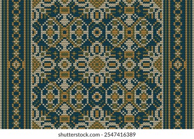 Padrão tricotado,padrão de flor tricotado sobre fundo azul,ilustração vetorial,padrão étnico geométrico,estilo asteca,background.design abstrato para textura,tecido,roupas,decoração,cachecol,impressão,moda