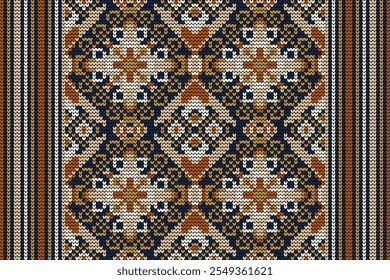 Padrão tricotado,padrão de flor tricotado sobre fundo azul,ilustração vetorial,padrão étnico geométrico,estilo asteca,background.design abstrato para textura,tecido,roupas,decoração,cachecol,impressão,tapete.