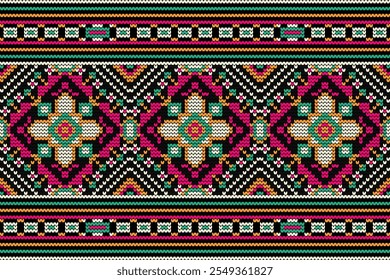 Knitted pattern,knitted flower pattern on black background,vector illustration,geometric ethnic pattern,Aztec style,abstract background.design for texture,fabric,clothing,decoration,scarf,print,rug.