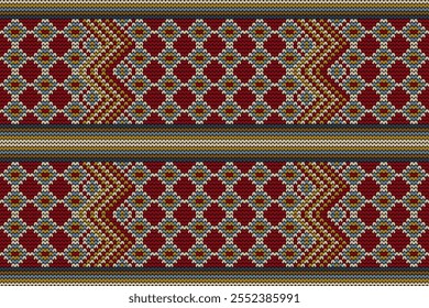 Knitted pattern,knitted flower pattern on red background,vector illustration,geometric ethnic pattern,Aztec style,abstract background.design for texture,fabric,clothing,decoration,scarf,print,scarf