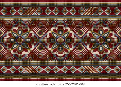 Knitted pattern,knitted flower pattern on red background,vector illustration,geometric ethnic pattern,Aztec style,abstract background.design for texture,fabric,clothing,decoration,scarf,print,scarf