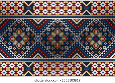 Knitted pattern,knitted flower pattern on blue background,vector illustration,geometric ethnic pattern,Aztec style,abstract background.design for texture,fabric,clothing,decoration,scarf,print,rug