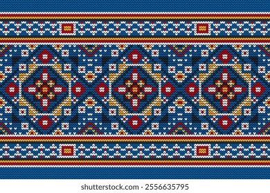 Knitted pattern,knitted flower pattern on blue background,vector illustration,geometric ethnic pattern,Aztec style,abstract background.design for texture,fabric,clothing,decoration,scarf,print,rug.