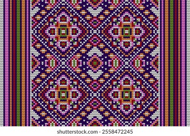 Knitted pattern,knitted flower pattern on purple background,vector illustration,geometric ethnic pattern,Aztec style,abstract background.design for texture,fabric,clothing,decoration,scarf,print,rug