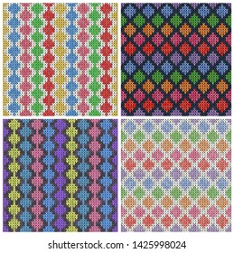 Knitted Patterns Set. Realistic samples backgrounds. Geometric ornaments, scandinavian sweaters cable stitch texture. Decorative design elements gift paper, packet, greeting cards. Vector illustration