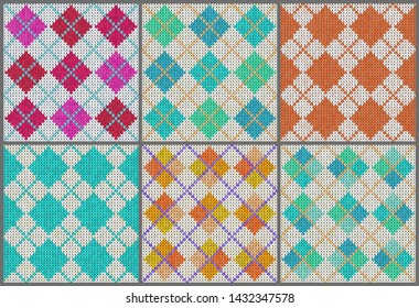 Knitted Patterns Set. Realistic samples backgrounds. Geometric ornaments, scandinavian sweaters cable stitch texture. Decorative design elements gift paper, packet, greeting cards. Vector illustration