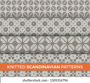 Knitted Patterns Set. Realistic samples backgrounds. Geometric ornaments, scandinavian sweaters cable stitch texture. Decorative design elements gift paper, packet, greeting cards. Vector illustration