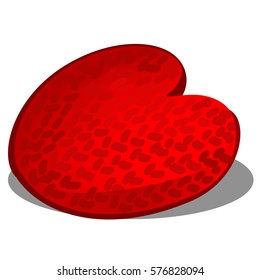 Knitted pillow in the shape of a red heart isolated on white background. Gift for loved on Valentine's day. Cartoon vector illustration close-up.